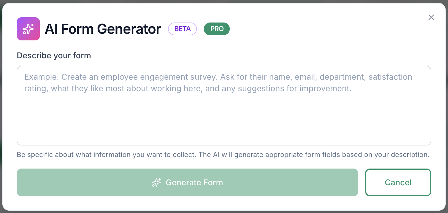 AI form generation screenshot in CrispForms
